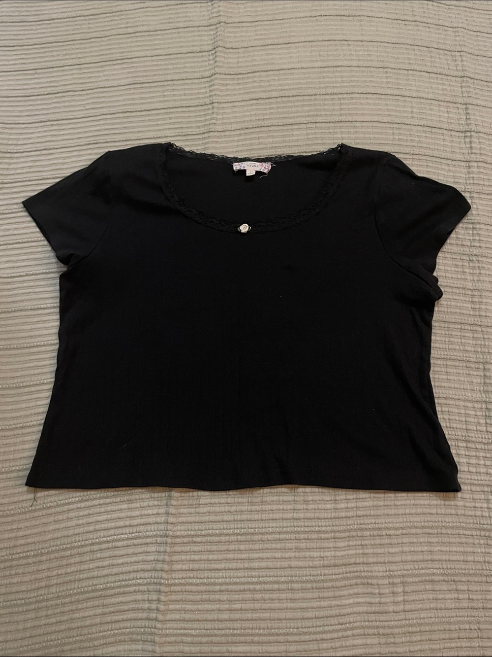 Pink Republic Black Short-Sleeve Scoop Neck Top with Lace Trim